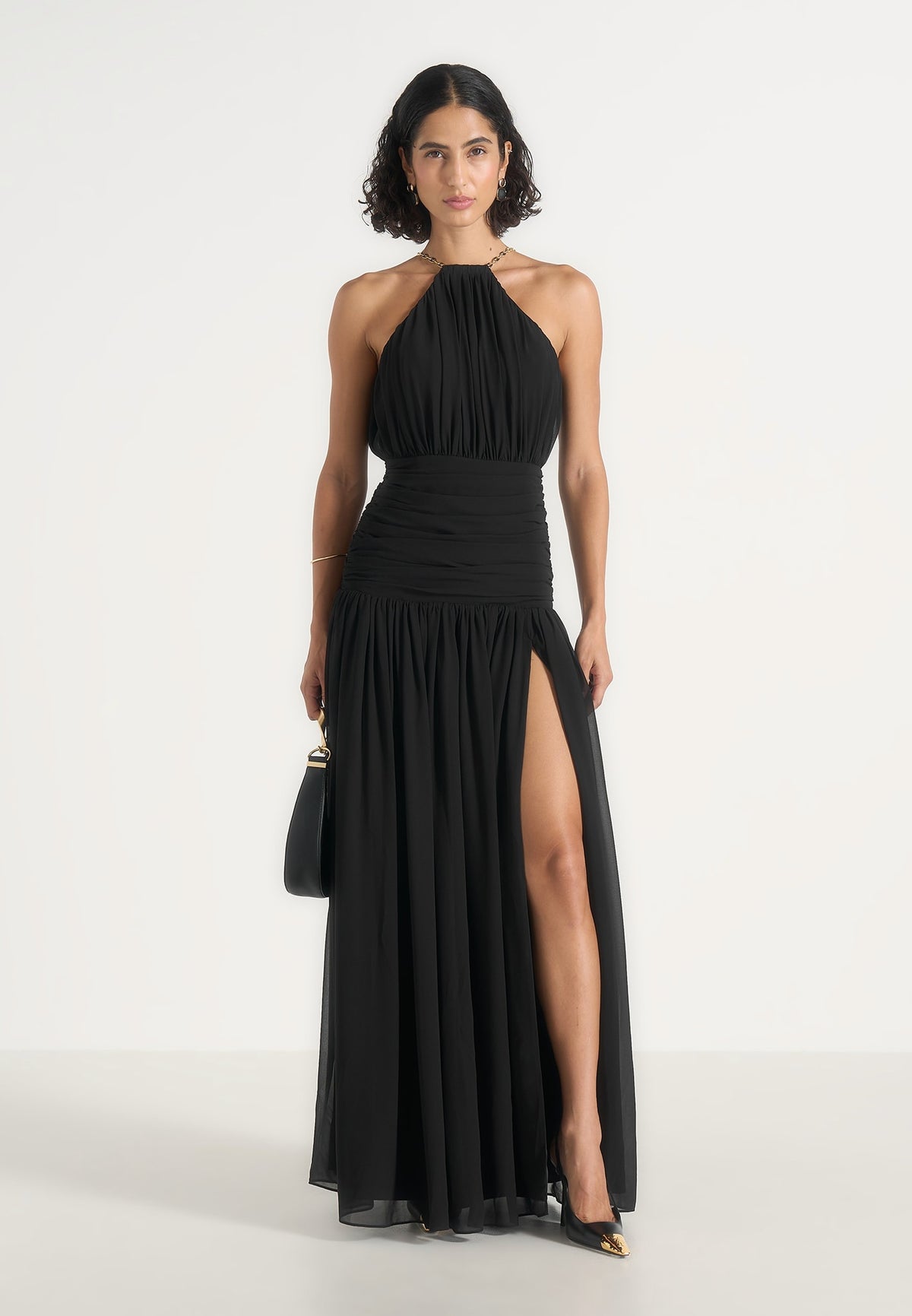 Fabienne - Metallic Ruched Halter Maxi Dress - Black