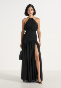 Fabienne - Metallic Ruched Halter Maxi Dress - Black