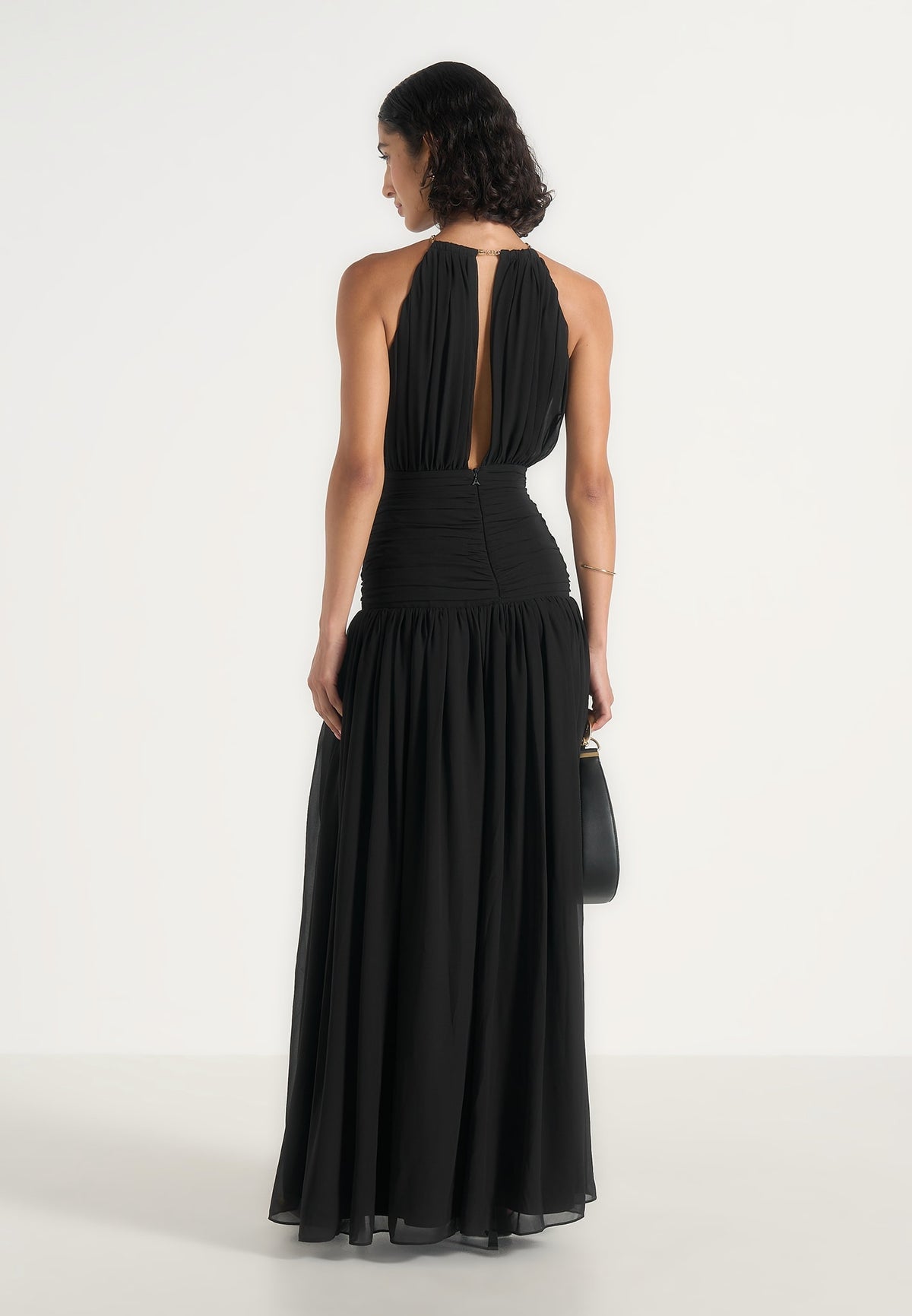 Fabienne - Metallic Ruched Halter Maxi Dress - Black