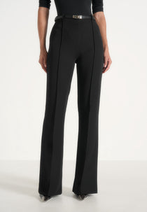 Quinn - High-Waisted Belted Fit & Flare Pants - Black