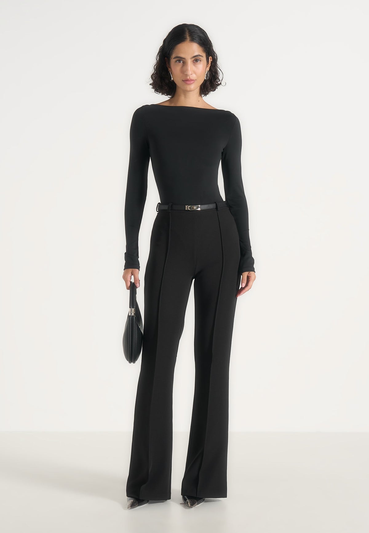 Quinn - High-Waisted Belted Fit & Flare Pants - Black