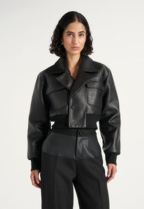 Cosette - Leather Lapel Bomber Jacket - Black