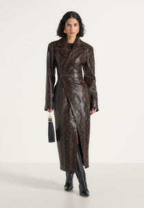 Esma - Python Asymmetric Coat with Cinch Belt - Brown