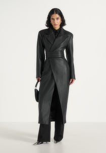 Esma - Leather Asymmetric Coat with Cinch Belt - Black