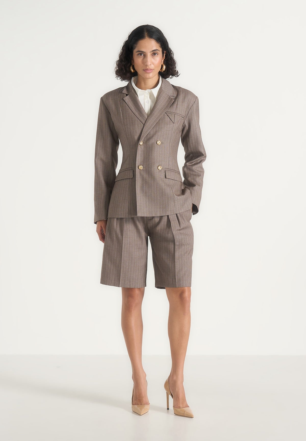 Lorette - Pinstripe Twin Pleat Tailored Shorts - Taupe