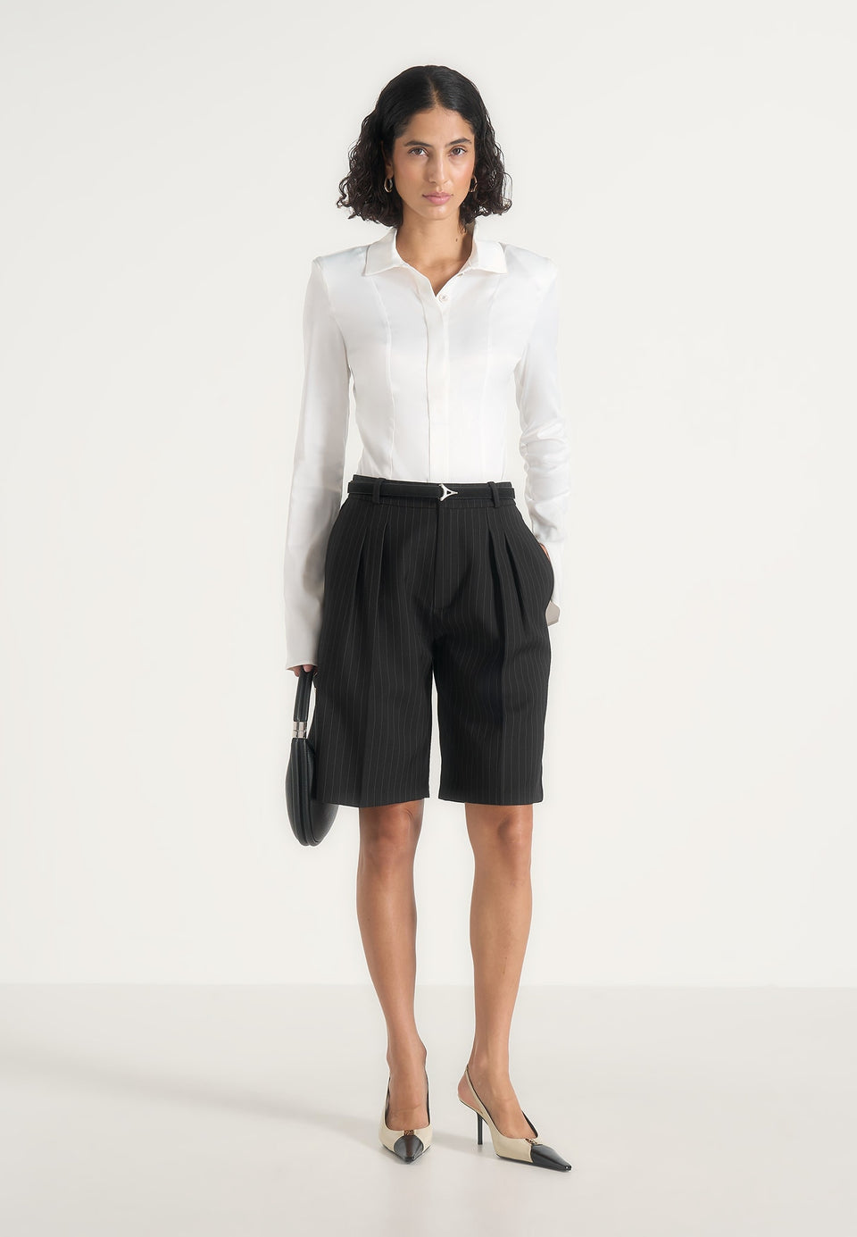 Lorette - Pinstripe Twin Pleat Tailored Shorts - Black