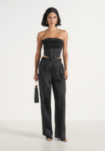 Julie - Satin Twin Pleat Pants - Black