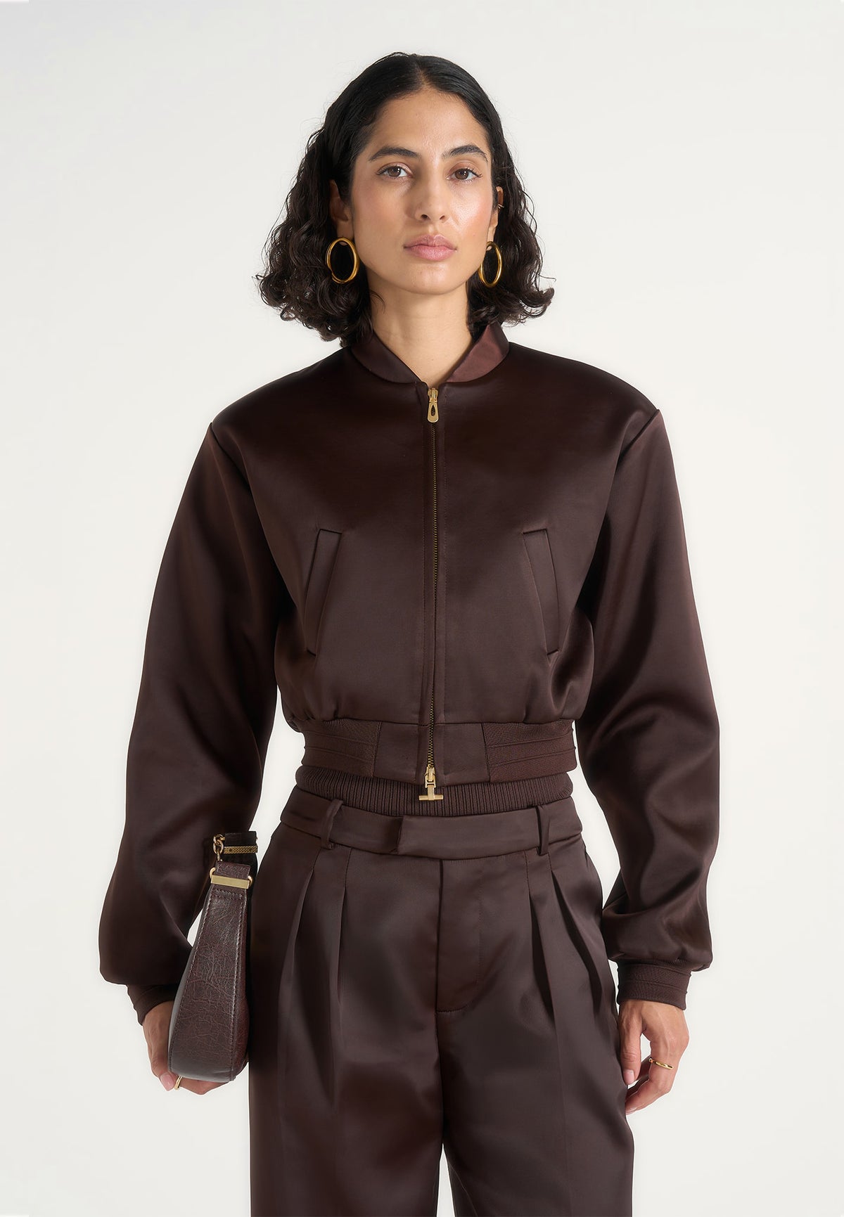 Monique - Satin Wide Shoulder Bomber Jacket - Brown