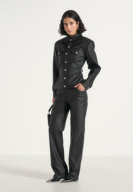 Karla - Wax Effect Cinch Waist Jacket - Black