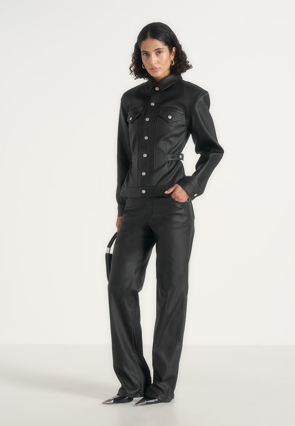 Karla - Wax Effect Cinch Waist Jacket - Black
