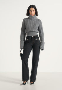 Amaya - Turtleneck Knit Sweater With Cuffs - Grey