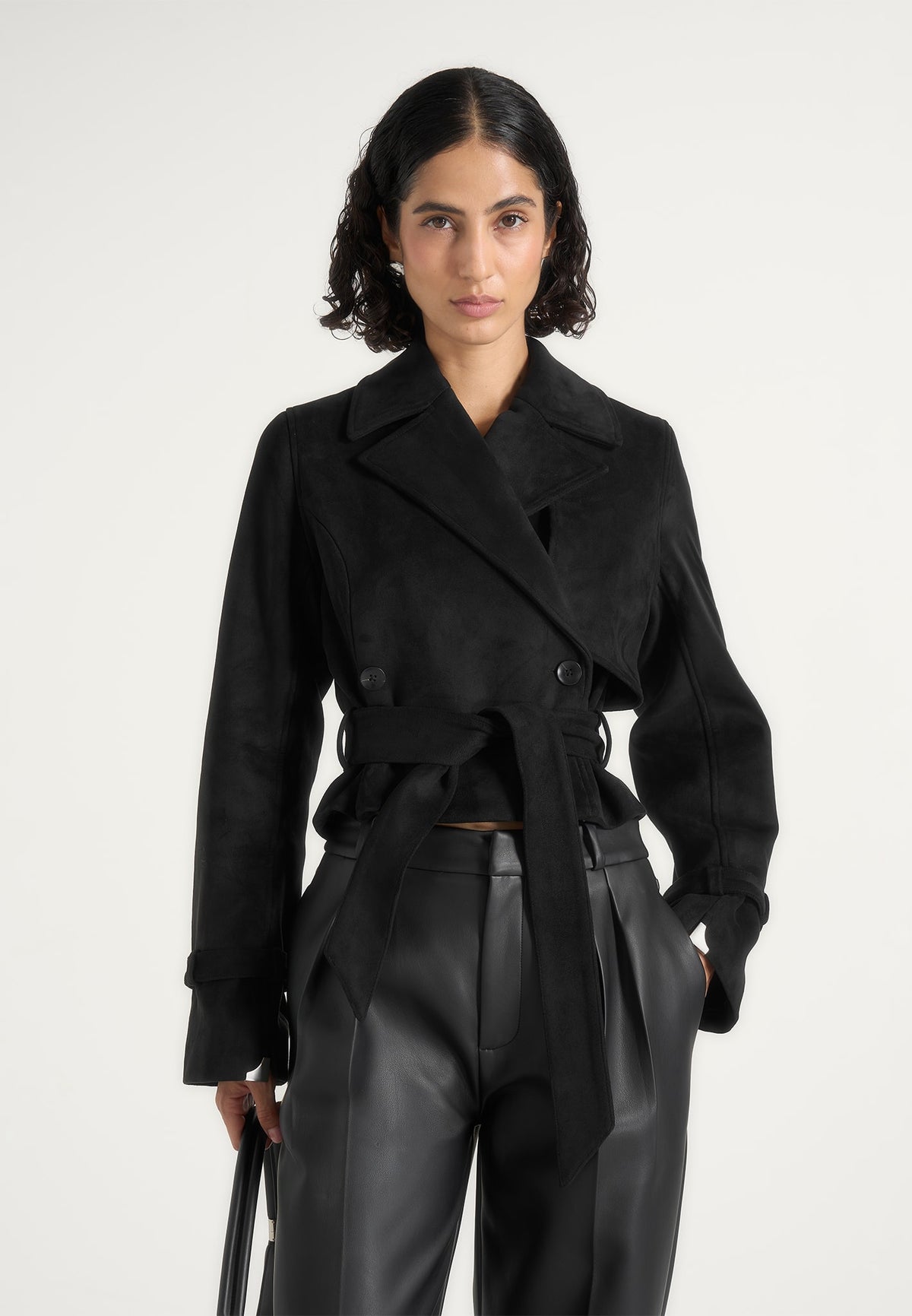 Poppy - Cropped Suede Belted Biker Jacket - Black
