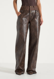 Carmen - Double Waistband Vintage Leather & Denim Pants - Brown