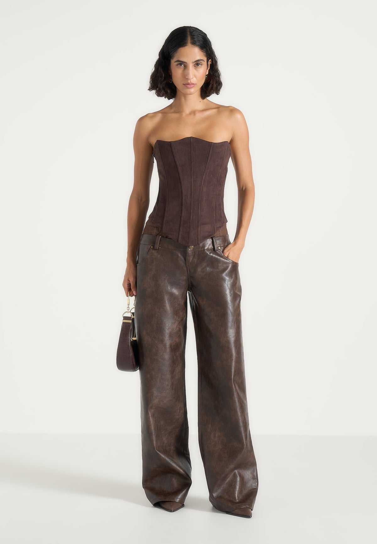 Carmen - Double Waistband Vintage Leather & Denim Pants - Brown