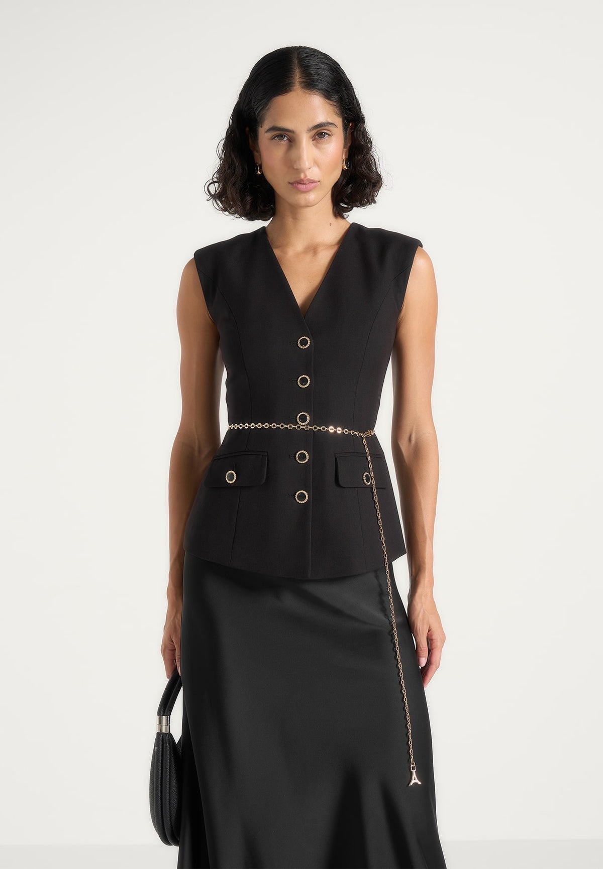 Nahla - Chain Belt Waistcoat Satin Maxi Dress - Black