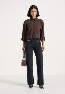 Maura - Oversized Cropped Roll Sleeve Suede Shirt - Brown