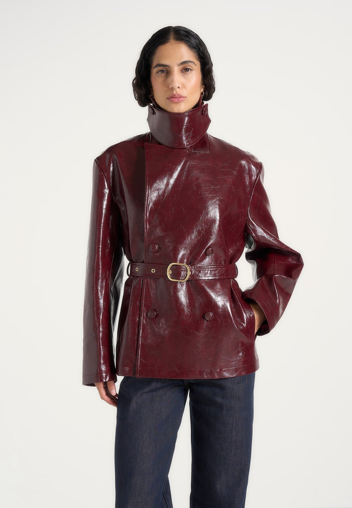 Whitney - Double-Breasted Patent Belted Jacket - Wine Red