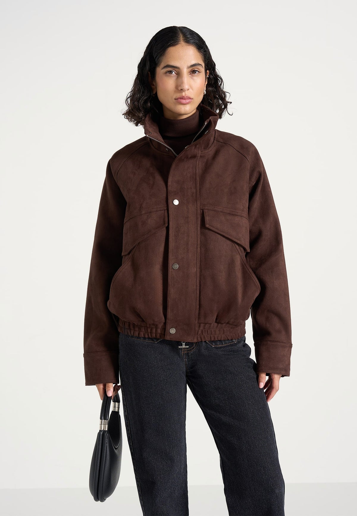 Kit - Unisex Suede Funnel Neck Bomber Jacket - Brown