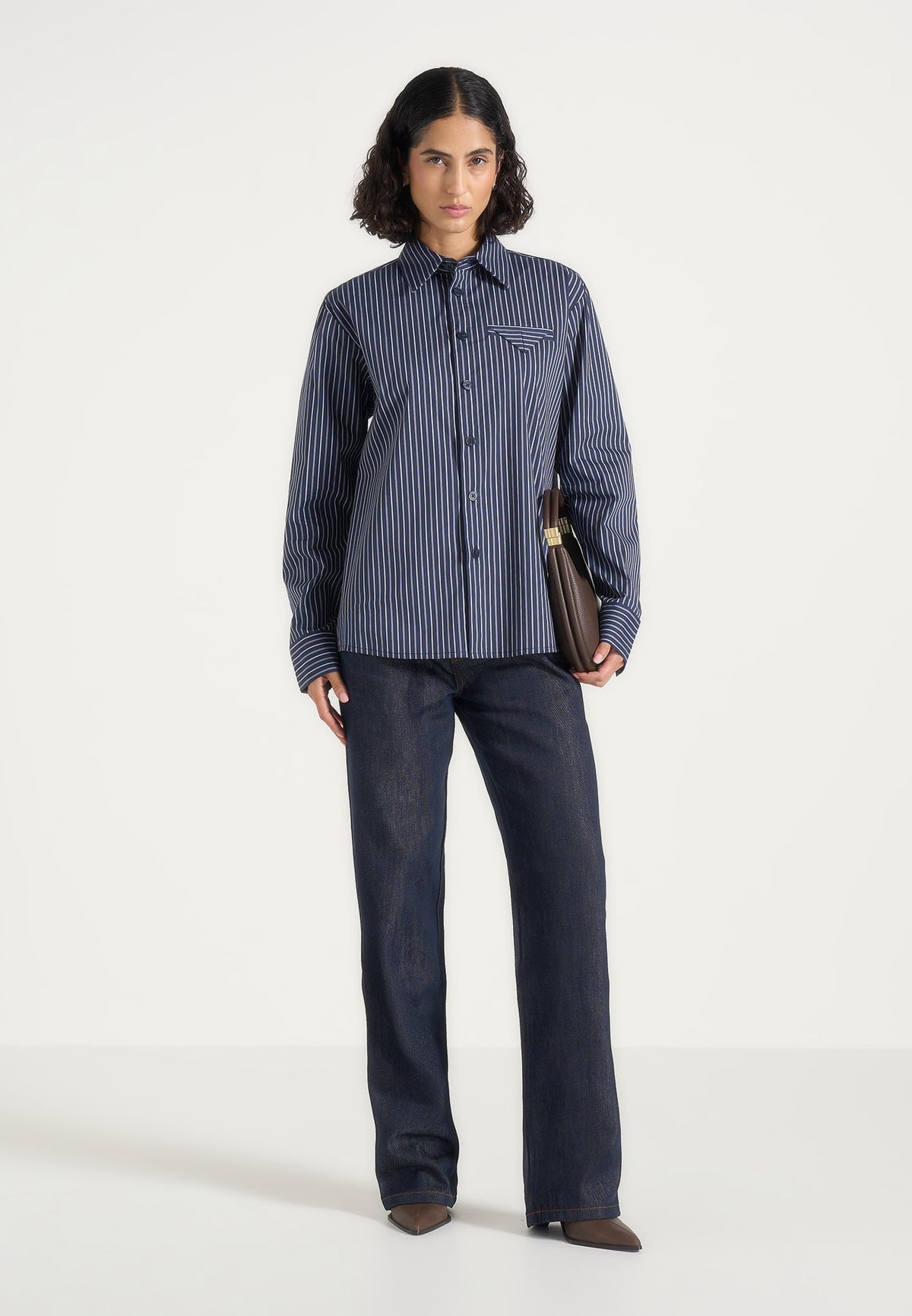 Ronnie - Unisex Pinstripe Long Sleeve Shirt - Navy