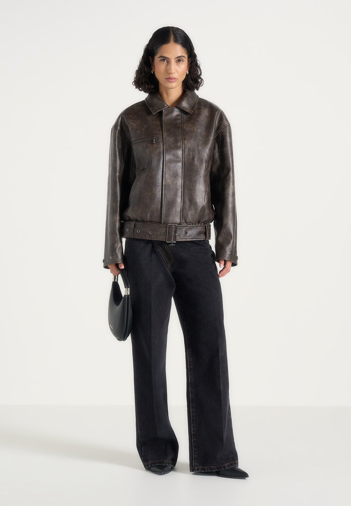 Ezra - Unisex Vintage Leather Belted Bomber Jacket - Brown