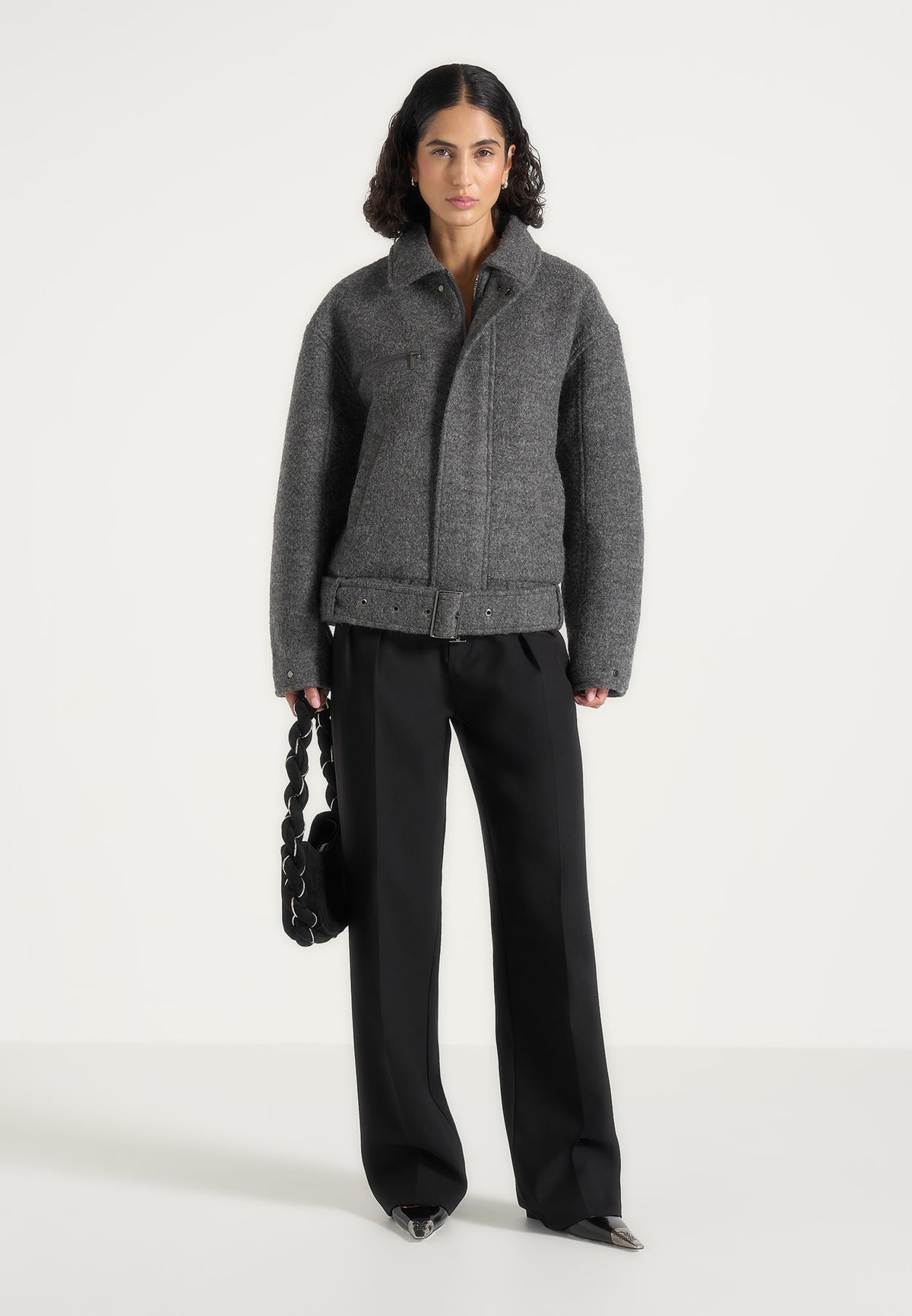 Ezra - Unisex Wool Belted Bomber Jacket - Grey