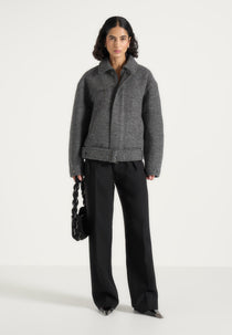 Ezra - Unisex Wool Belted Bomber Jacket - Grey