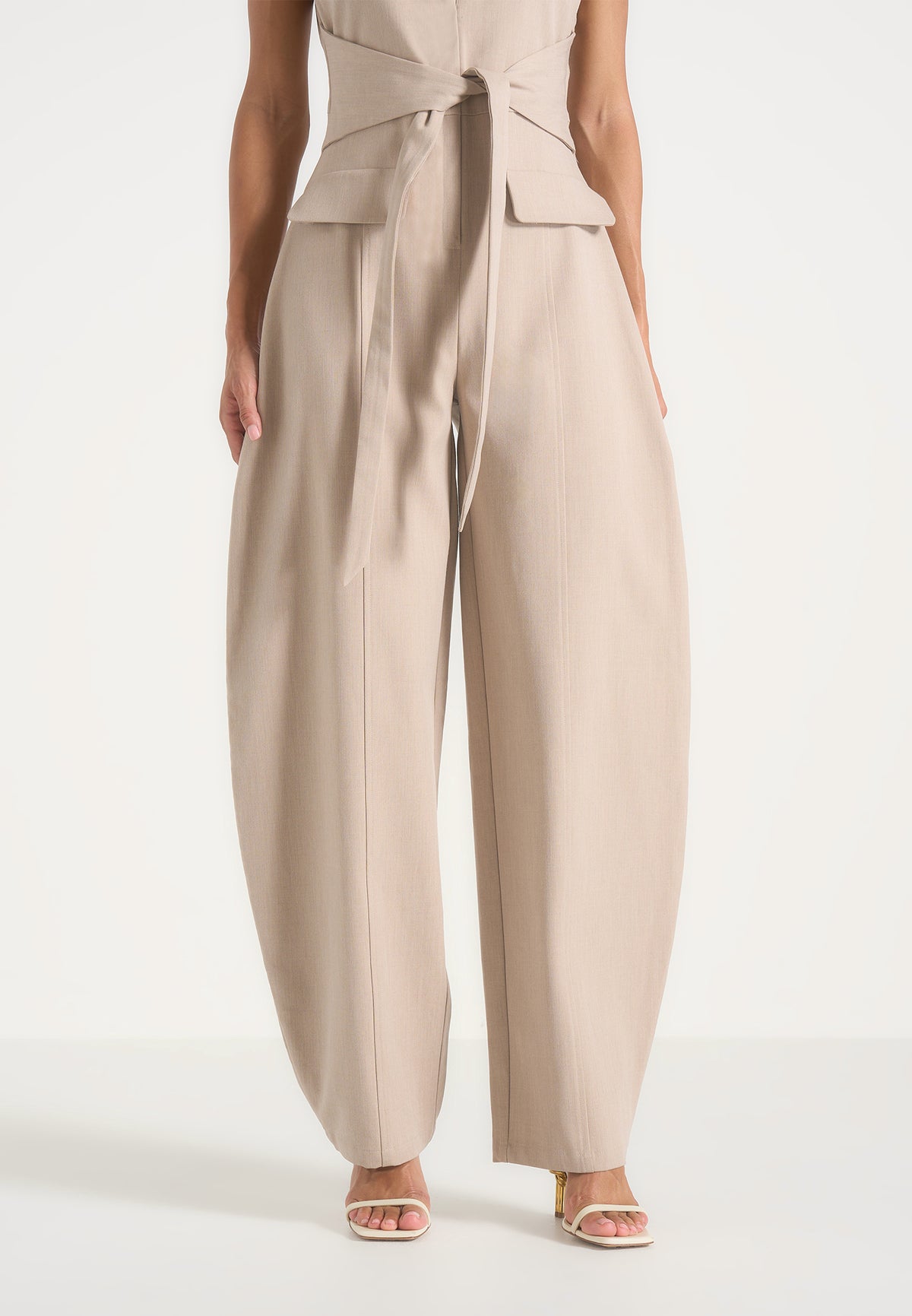 Uma - Tie-Waist Barrel Leg Tailored Jumpsuit - Beige