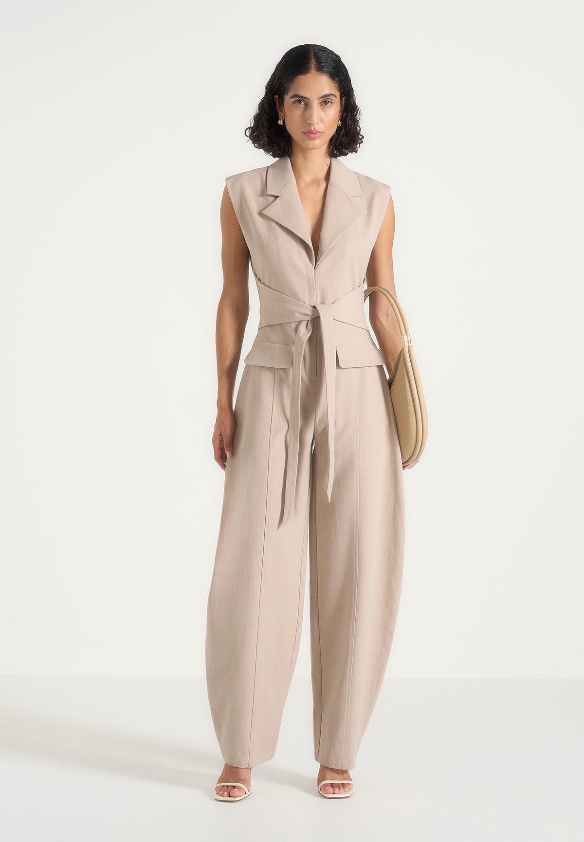 Uma - Tie-Waist Barrel Leg Tailored Jumpsuit - Beige