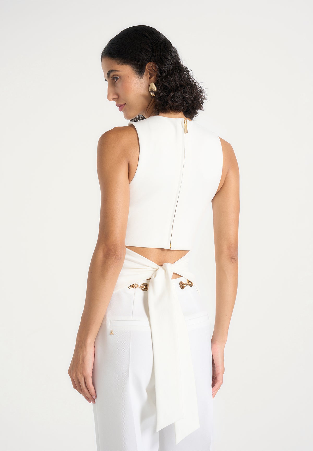 Abigail - Hardware Detail Open-Back Tie Crop Top - White