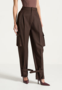 Danielle - Tailored Pleated Cargo Pants - Brown