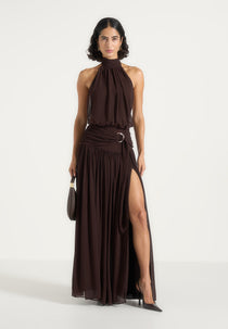 Giselle - Halter Draped Hardware Maxi Dress - Brown