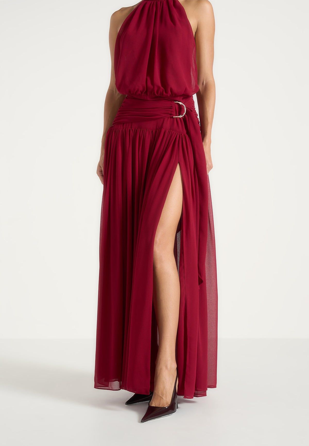 Giselle - Halter Draped Hardware Maxi Dress - Wine Red