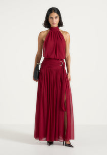Giselle - Halter Draped Hardware Maxi Dress - Wine Red