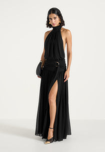 Giselle - Halter Draped Hardware Maxi Dress - Black