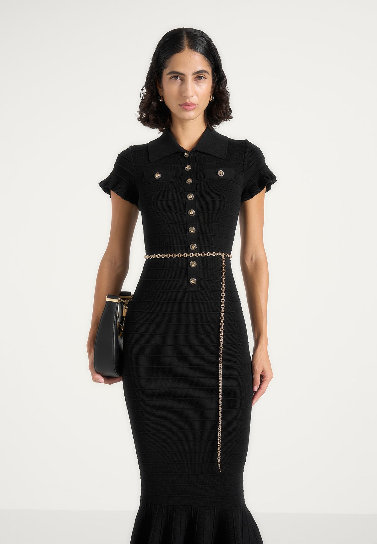 Fantine - Fluted Hem Ottoman Knit Maxi Dress - Black