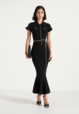 Fantine - Fluted Hem Ottoman Knit Midi Dress - Black