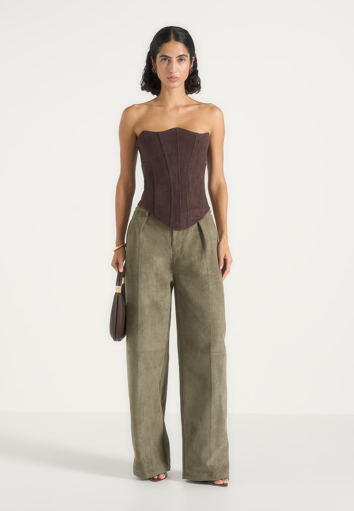 Solene - Suede Wide Leg Pleated Pants - Dark Sage