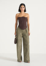 Solene - Suede Wide Leg Pleated Pants - Dark Sage