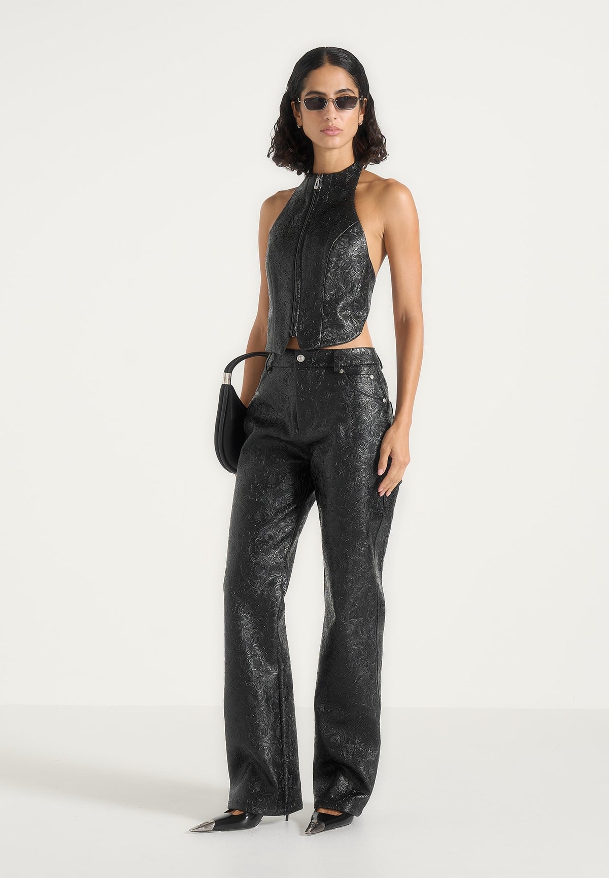 claudette-embossed-leather-halter-backless-top-black