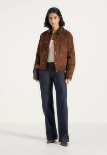 Nino - Unisex Clasp Detail Contrast Stitch Suede Jacket - Tan