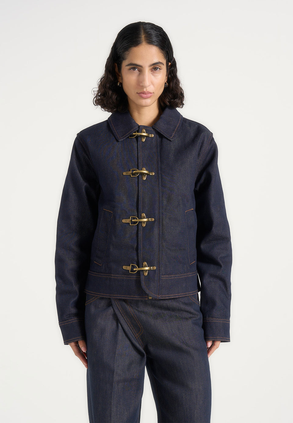 Nino - Unisex Clasp Detail Contrast Stitch Denim Jacket - Indigo
