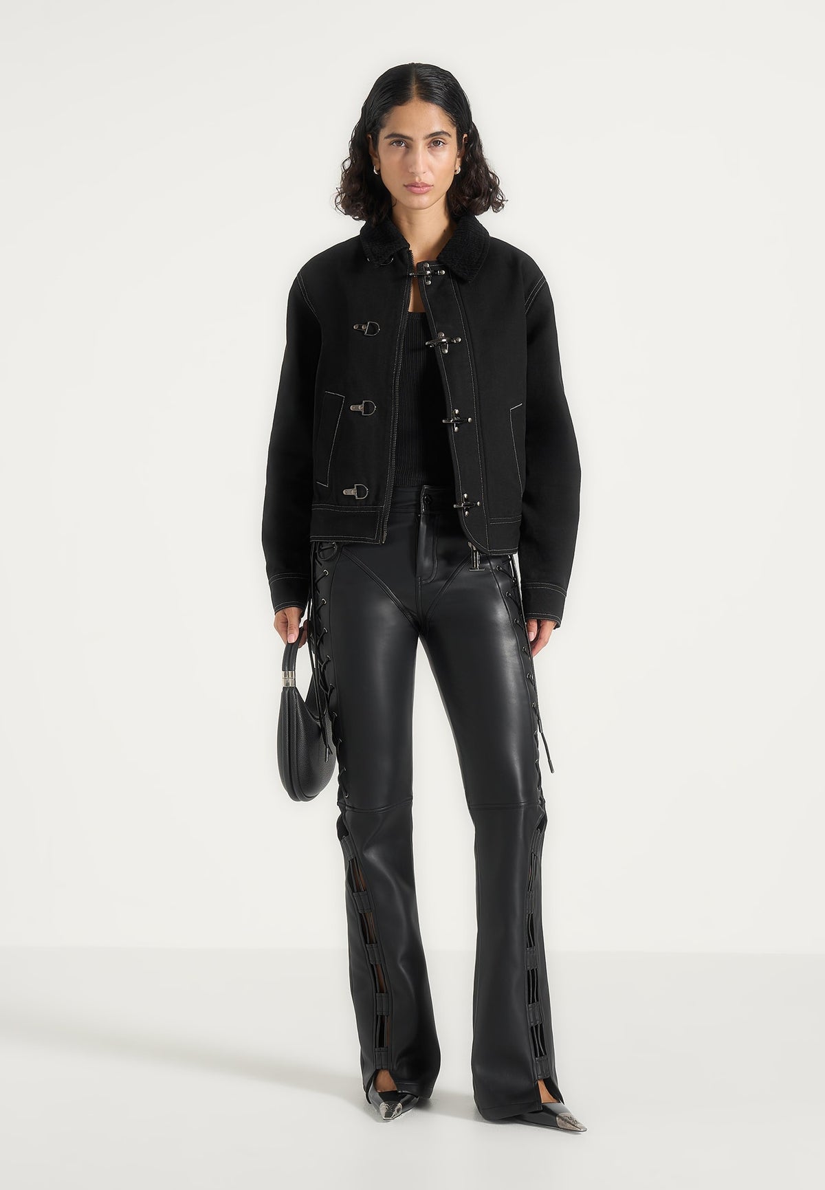 Nino - Unisex Clasp Detail Contrast Stitch Gabardine Jacket - Black