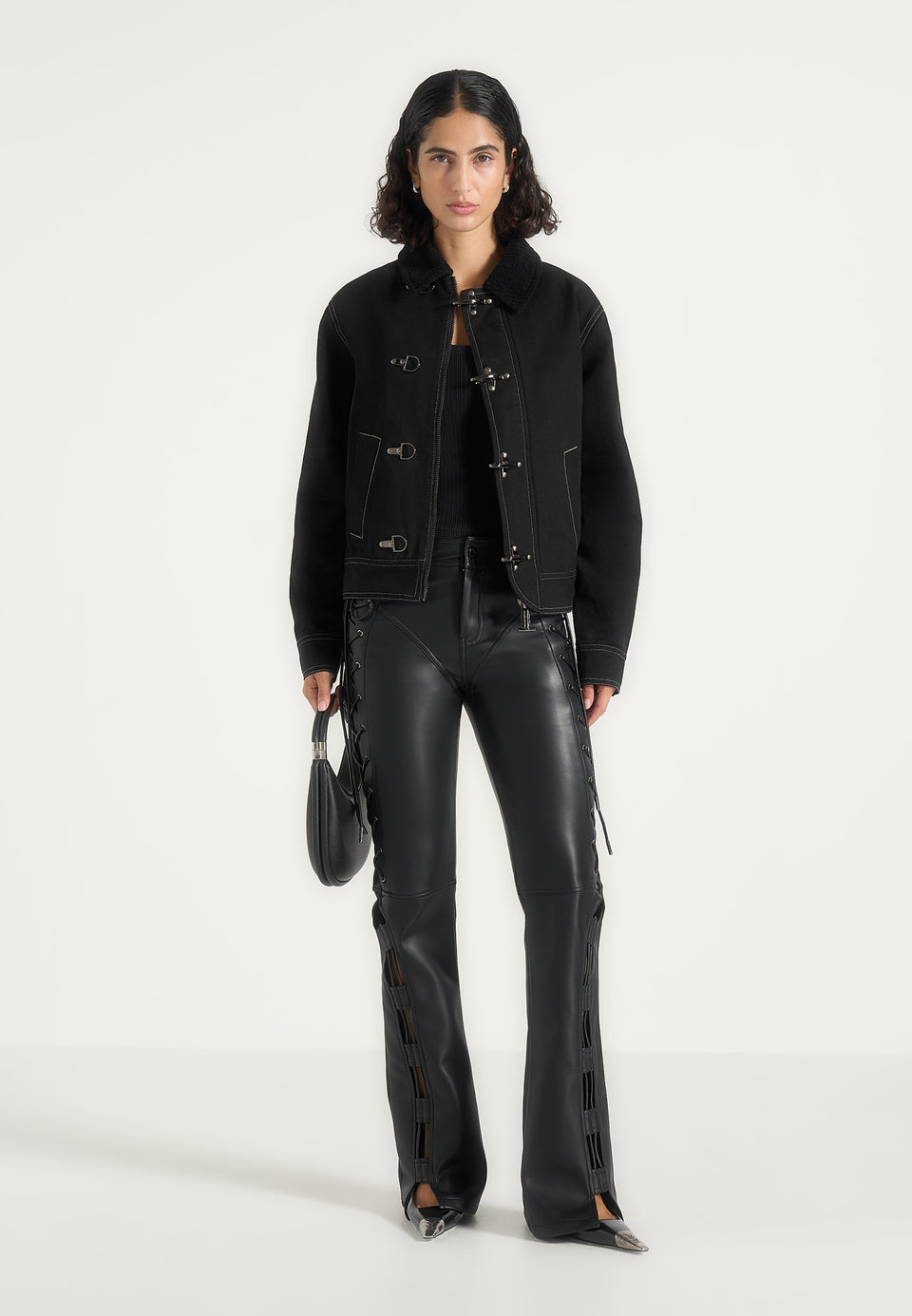 Nino - Unisex Clasp Detail Contrast Stitch Gabardine Jacket - Black