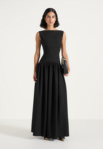 Dahlia - Boat Neck Corset Maxi Dress - Black