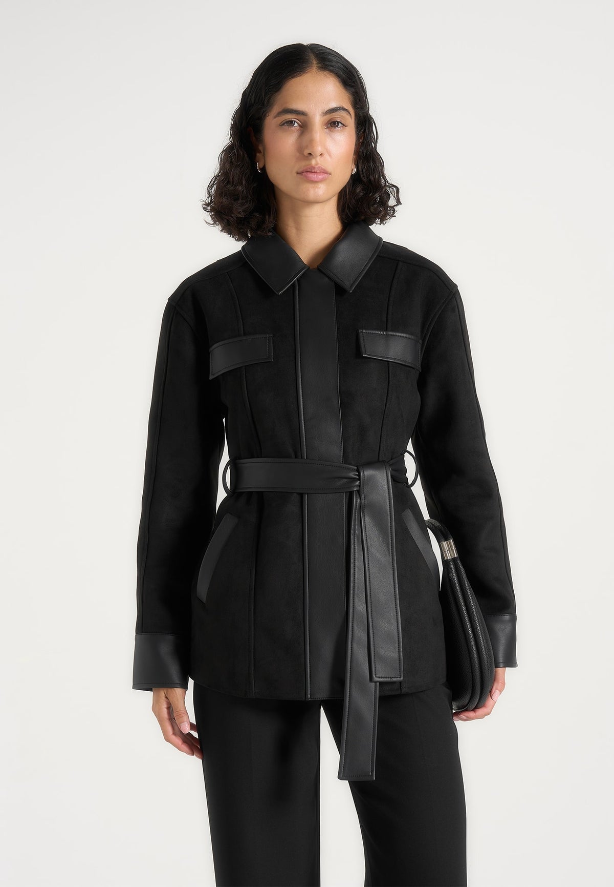 Annika - Suede Belted Utility Jacket - Black