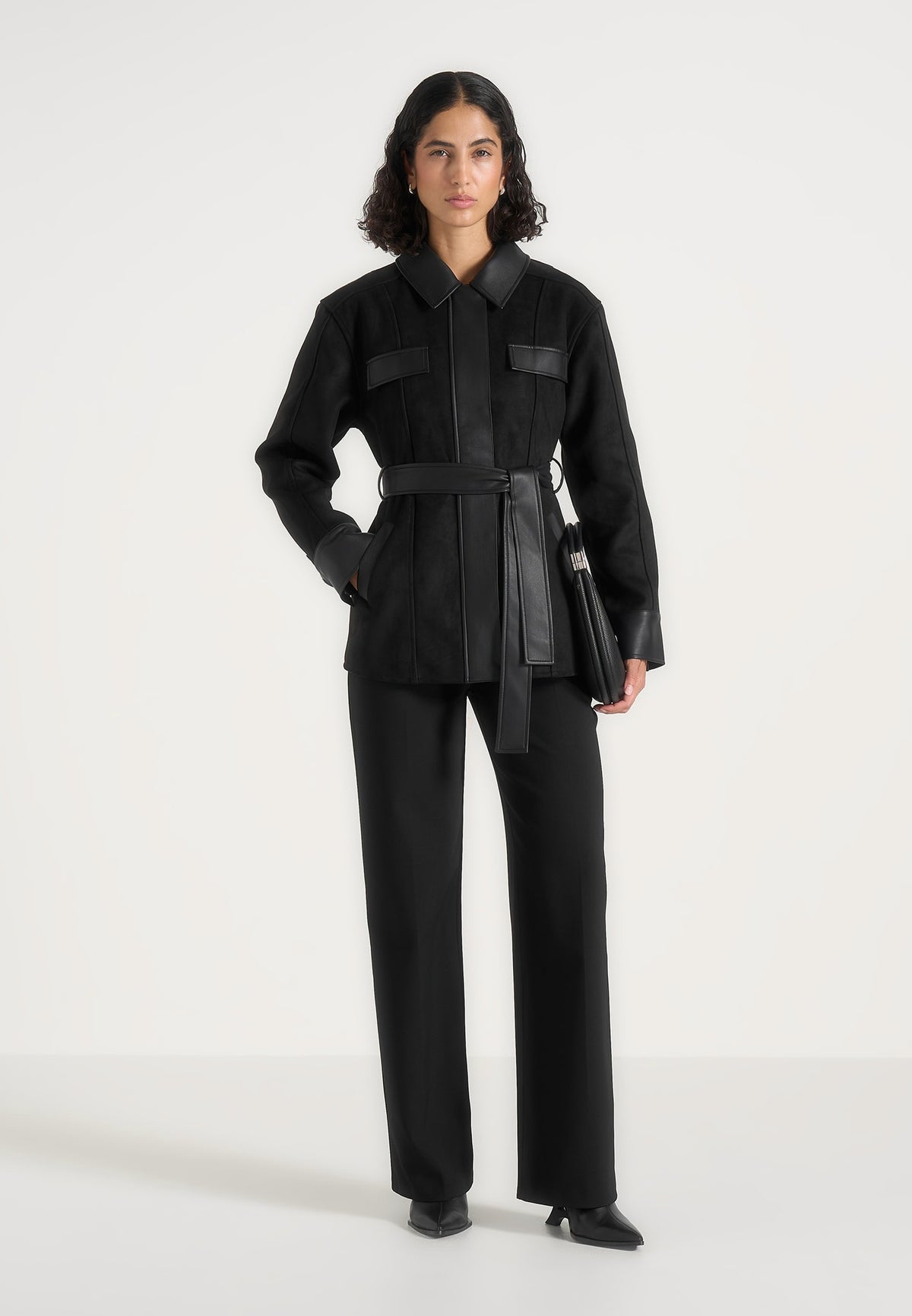 Annika - Suede Belted Utility Jacket - Black