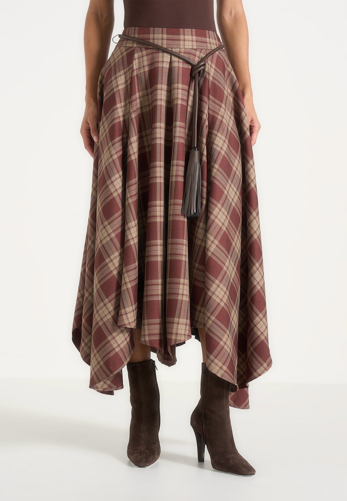 Spencer - Check Handkerchief Midi Skirt With Tassel Belt - Brown