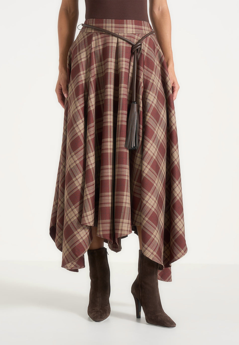 Spencer - Check Handkerchief Midi Skirt With Tassel Belt - Brown