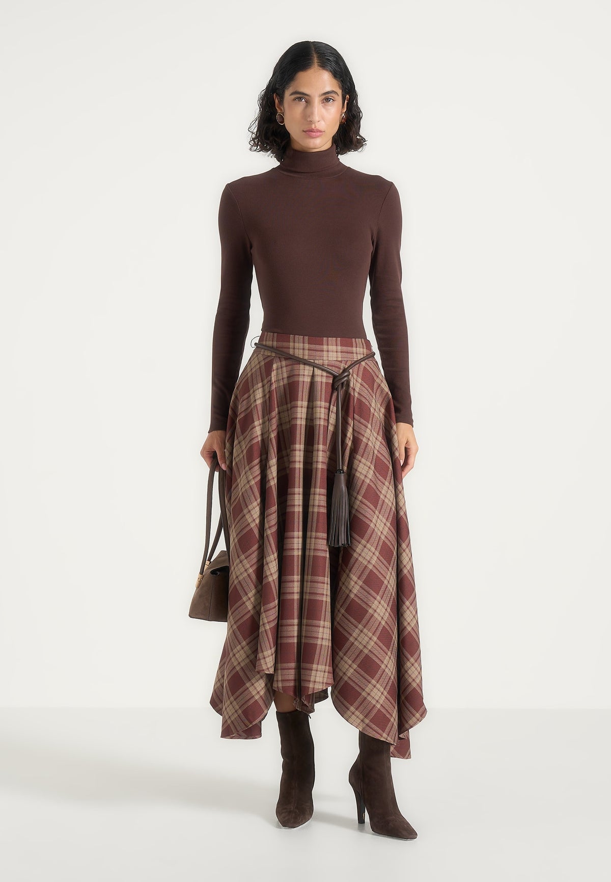 Spencer - Check Handkerchief Midi Skirt With Tassel Belt - Brown