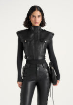 Imelda - Leather Cropped Wide Shoulder Sleeveless Jacket - Black